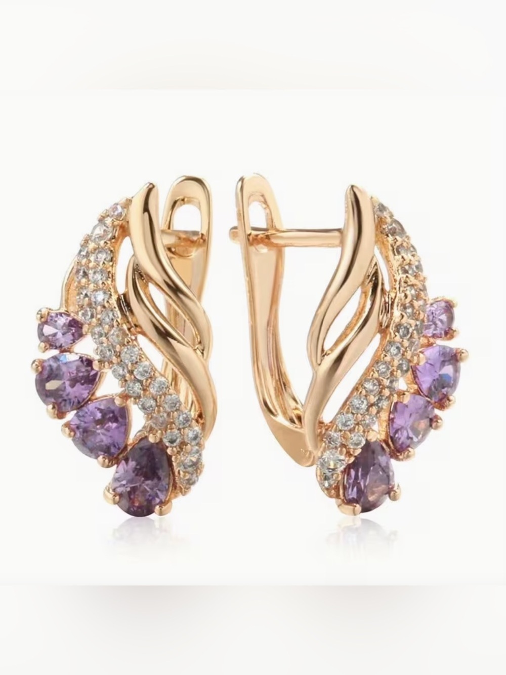 Gold-Tone Purple Crystal Hoop Earrings.